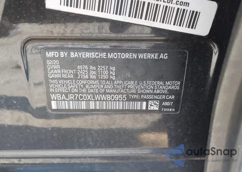 2020 BMW 530I xDrive из США, поврежденный, VIN WBAJR7C0XLWW80955